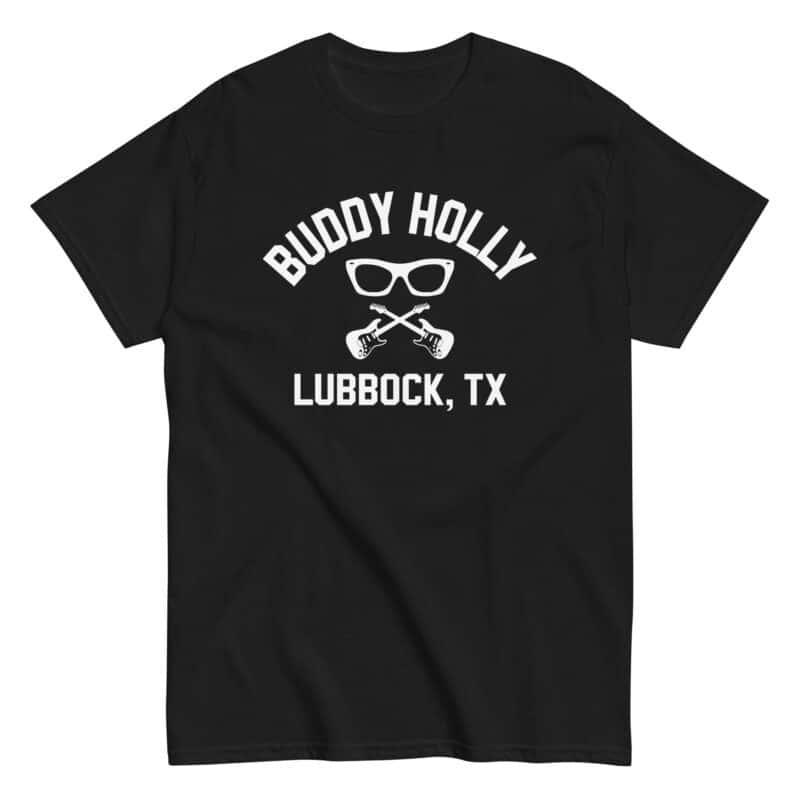 Camiseta Buddy Holly de diseño vintage con gafas y texto Lubbock Texas